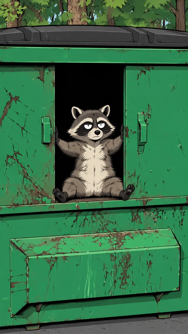 A grumpy raccoon peeking out of a green dumpster