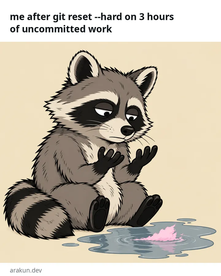 Meme: a raccoon staring at a puddle where its cotton candy dissolved, captioned me after git reset --hard on 3 hours of uncommitted work