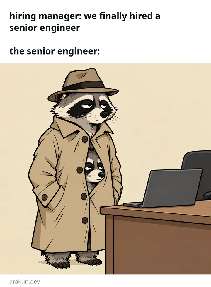 Meme: hiring manager says we finally hired a senior engineer; the senior engineer is two raccoons in a trench coat