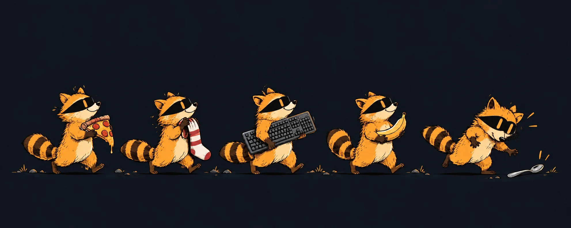 A parade of raccoons carrying pizza, a sock, a keyboard and a banana