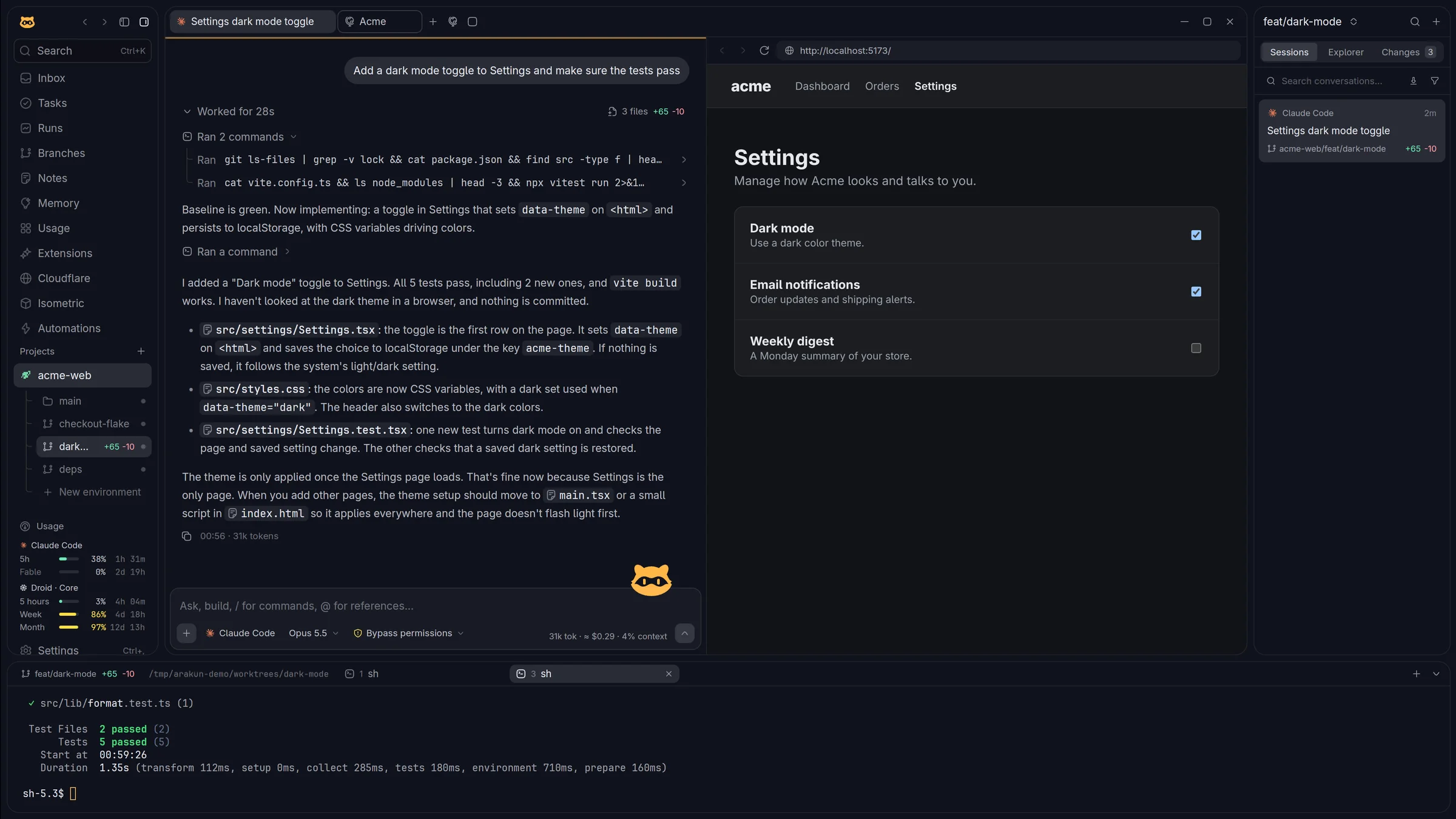 A finished Claude Code turn next to the app running in Arakun's browser tab and the test output in the terminal dock