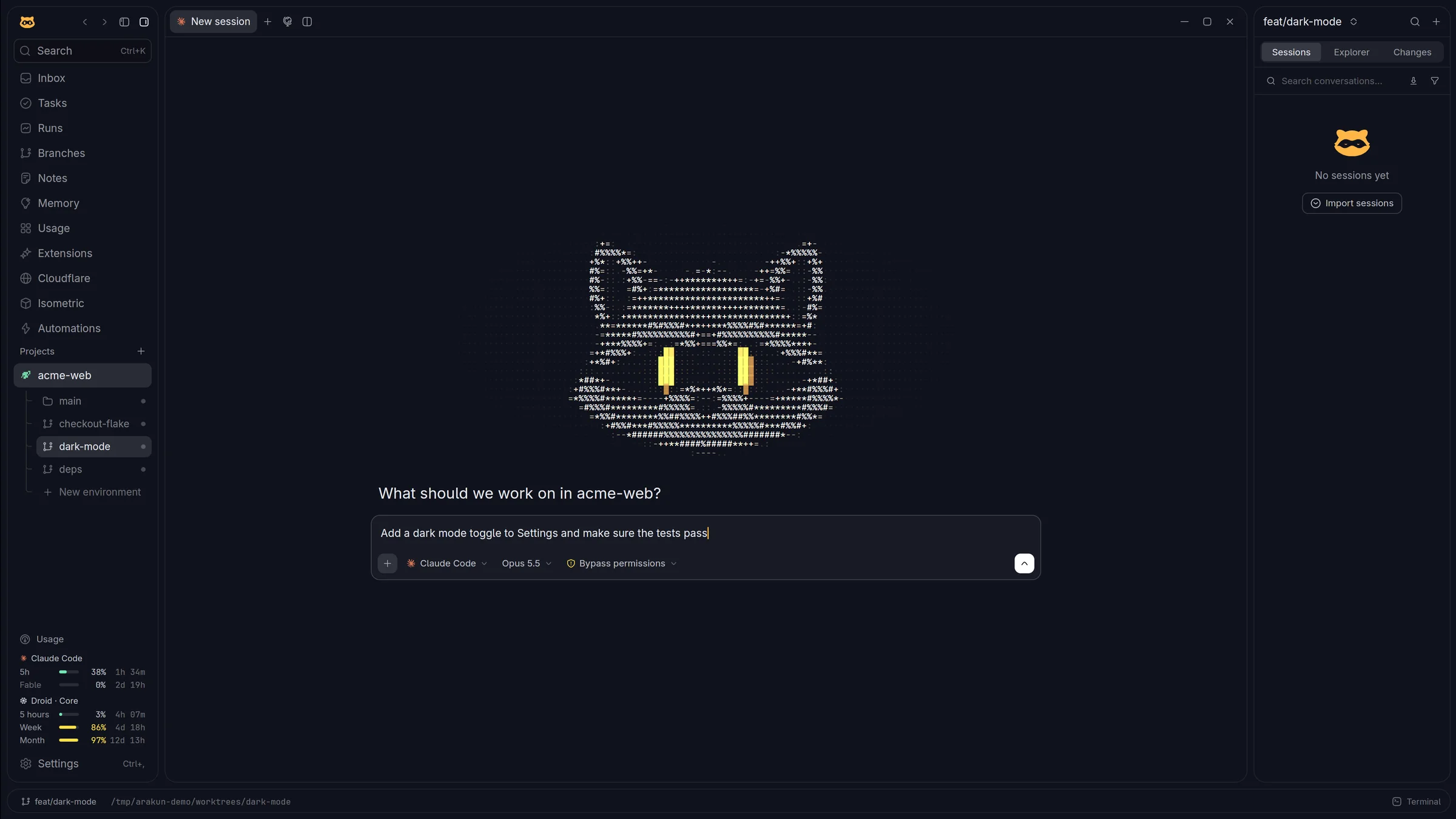 Arakun's new session screen with an ASCII raccoon and a prompt for Claude Code